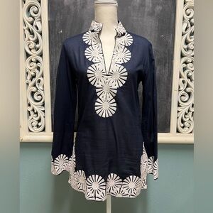Tory Burch Navy with White EmbroideredV Neck trim Tunic